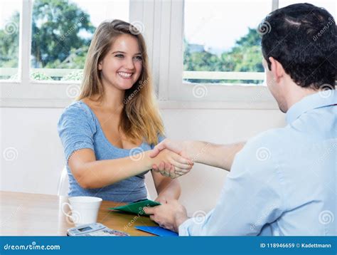 Handshake Of Blonde Woman After Signing Contract For Job Stock Image Image Of Assignment