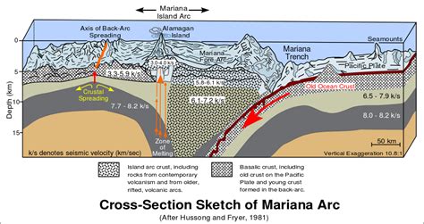 The aleutian trench stretches westward in a giant arc from the southwestern a deep trench is formed on the seafloor. The Pacific plate is subducted beneath the Mariana Plate ...