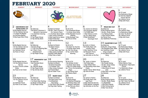 Grace Health And Rehab Center February Activity Calendar