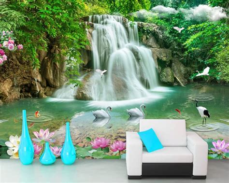 Beibehang Custom 3d Wallpaper Xianhe Lotus Landscape Waterfall