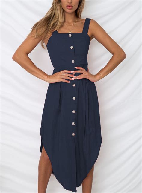 Navy Summer Strappy Backless Button Down Irregular Solid Color Maxi