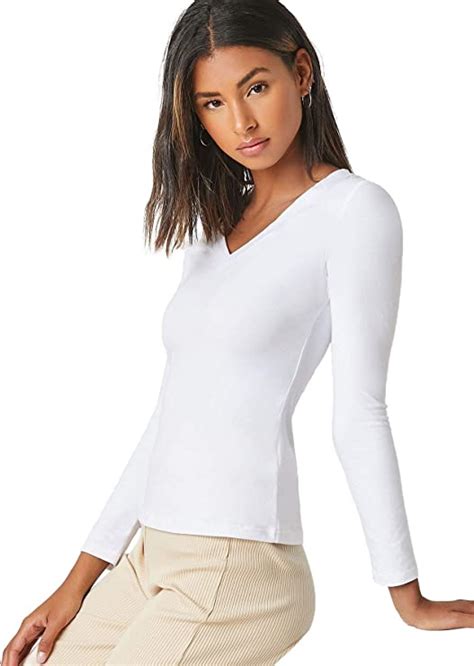 Floerns Womens Basic V Neck Long Sleeve Tee Tops Slim Fit Solid T Shirts White Xs Uk