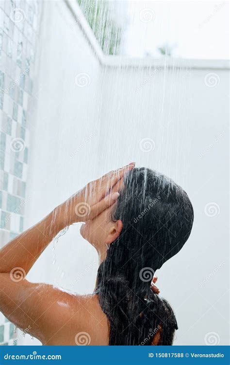Beauty Young Woman Washing Hair In Bathroom Beautiful Model Brunette Girl Taking Shower Stock