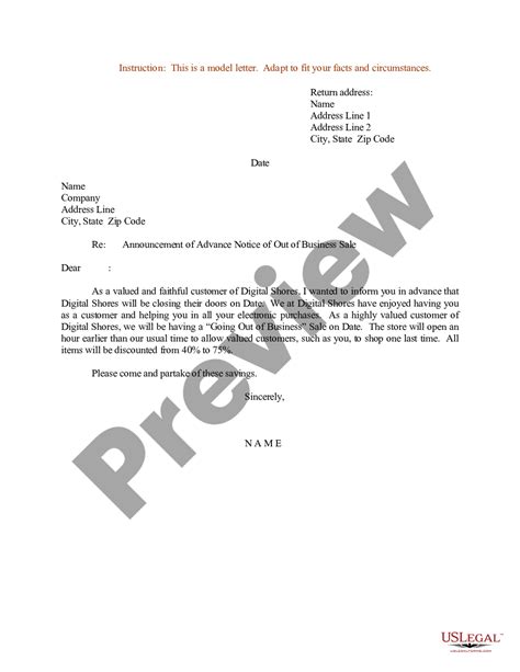Sample Letter For Announcement Of Advance Notice Of Out Of Business