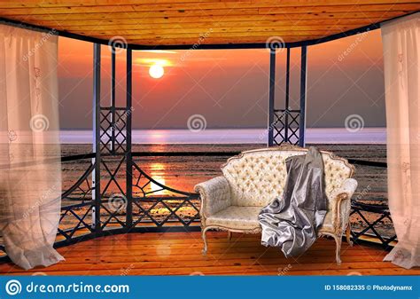 Luxury Hotel Balcony Room With Sunset Ocean Window View Stock Image