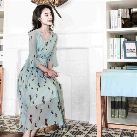 2017 Spring New Women Dress Korean Vintage Chiffon Floral Print Dresses