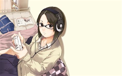 Download 1920x1200 Anime Girl Headphones Short Hair Playing Games Meganekko Room Wallpapers