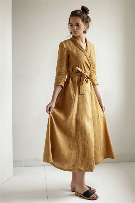 Mustard Linen Wrap Dresslinen Dress Shawl Collar Linen Etsy Long