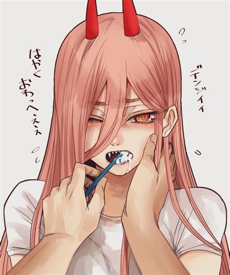 Safebooru 1girl Bangs Blush Breasts Brushing Teeth Chainsaw Man