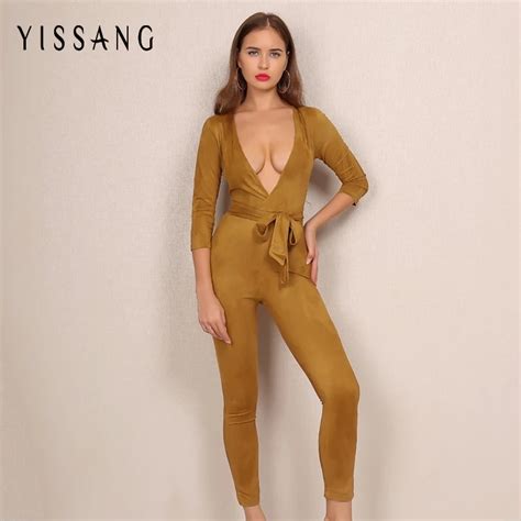 New Arrival Jumpsuits For Women 2016 Deep V Neck Sexy Solid Long Sleeve
