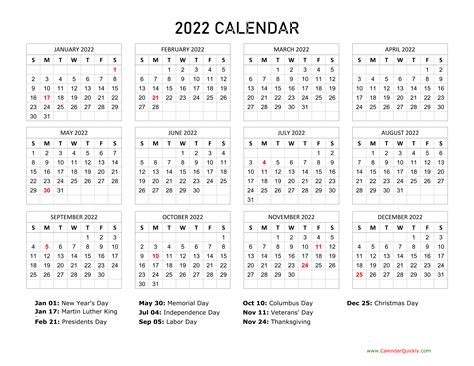 2022 Calendar With Holidays Calendar Quickly
