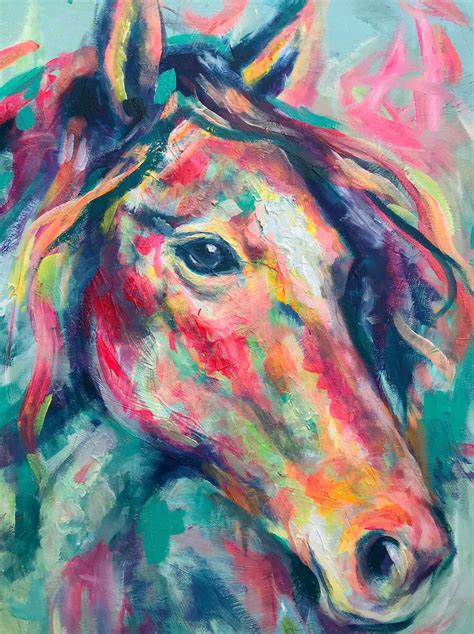 Original Horse Painting On Canvas In Abstract Style With Bright Neon