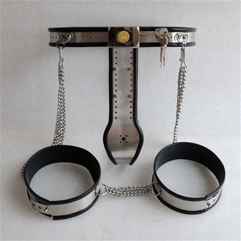 Female Adjustable Model T Stainless Steel Chastity Belt With Locking Cover Thigh Cuff From