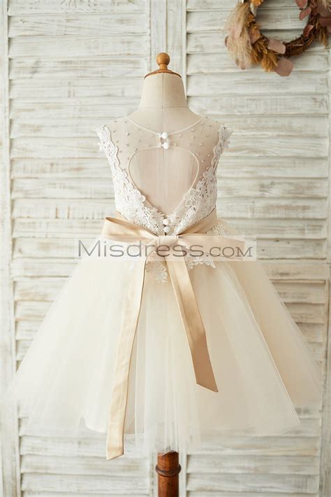 Ivory Lace Champagne Tulle Keyhole Back Wedding Party Flower Girl Dress