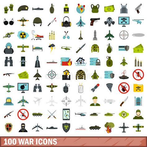 100 War Icons Set Flat Style Stock Vector Illustration Of Grenade