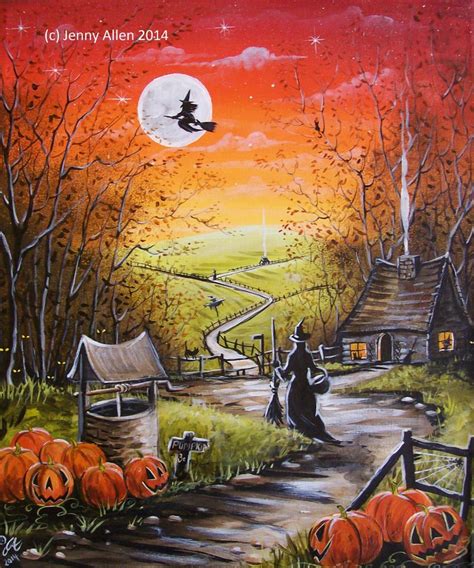 Ooak Original Halloween Painting On Canvas Witch Moon Fall Pumpkins