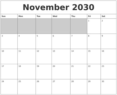 November 2030 Blank Printable Calendar