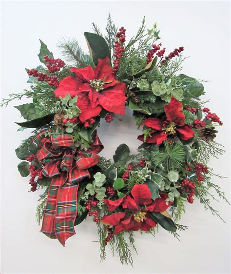 Red Poinsettia Silk Floral Holiday Front Door Wreath Holiday Wreath