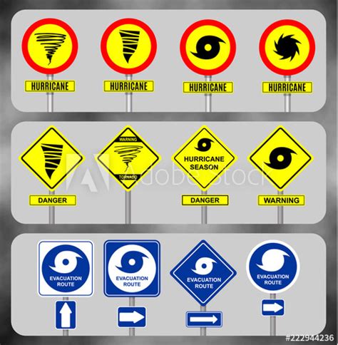 A tornado warning (same code: Set road sign hurricane. Yellow hazard warning sign ...