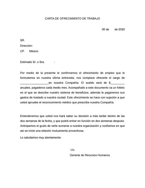 Carta De Aceptación Laboral Carta De Ofrecimiento De Trabajo 00 De De