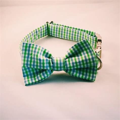 Preppy Blue And Green Gingham Seersucker Dog Bow Tie Collar Preppy Dog