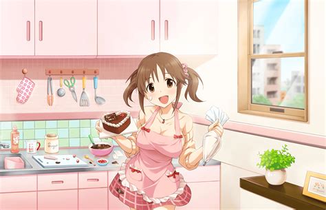 Annin Doufu Apron Bow Breasts Brown Eyes Brown Hair Building Cake Candy Chocolate Food