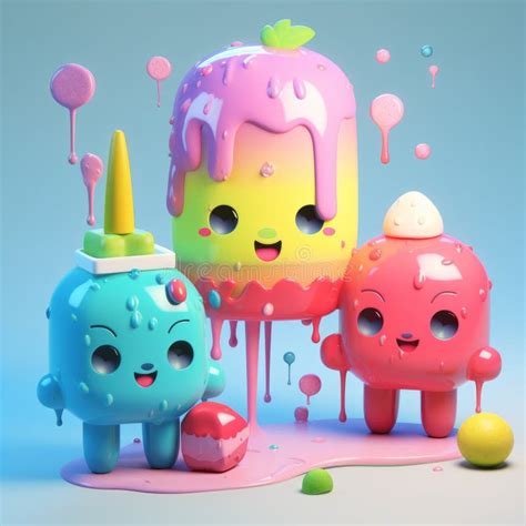 Cute Animation Of Candy And Dolls With Funny Faces Stock Illustration