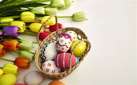 Picture Easter Egg Tulips Flowers Wicker Basket 1920x1200
