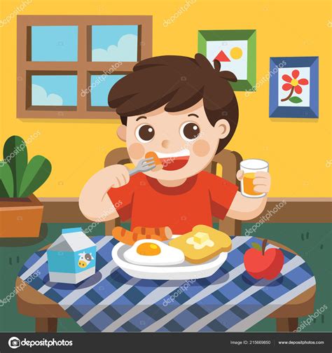 Eating Breakfast Cartoon : Cartoon of a boy enjoying cereal for