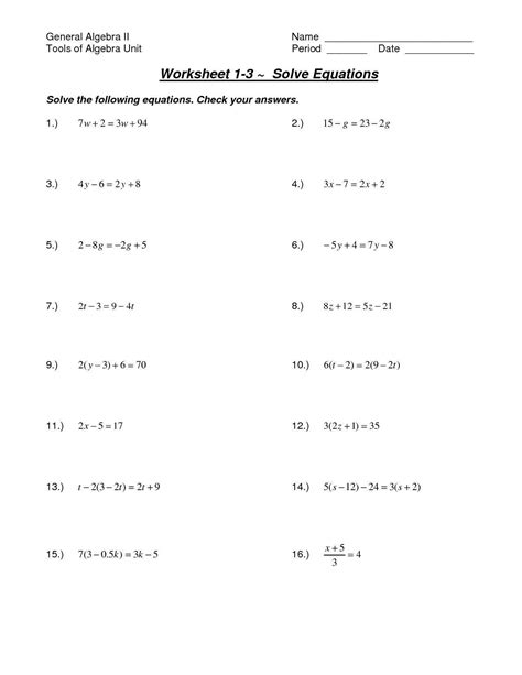 Solutions To Linear Equations Worksheets