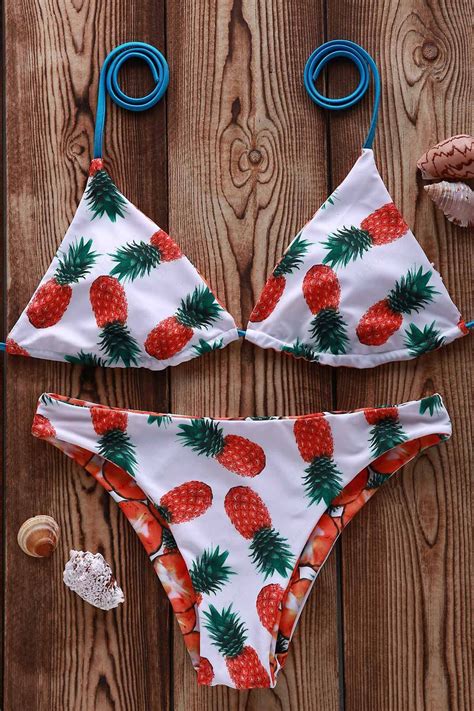 Pineapple Print Lace Up Bikini Set White Bikinis Zaful