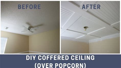 Learn how to cover a dated, textured, and stained ceiling with an easy and inexpensive cottage style diy beadboard. How to Cover a Popcorn Ceiling with a DIY Coffered Ceiling ...