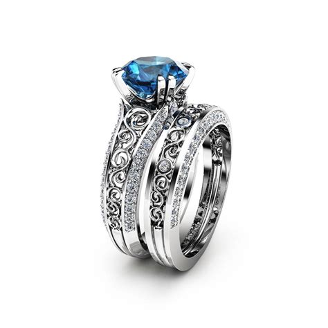 London Blue Topaz Engagement Ring Set 2 Carat Topaz Bridal Set Etsy