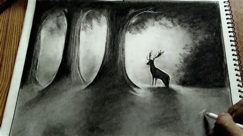 Deer In Misty Forest Charcoal Pencil Drawing Ll And