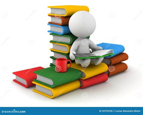 3d Man Sitting And Reading With Books And Cup Stock Illustration