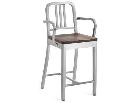 Emeco Outdoor Navy Brushed Aluminum Counter Stool With Walnut Wood Seat