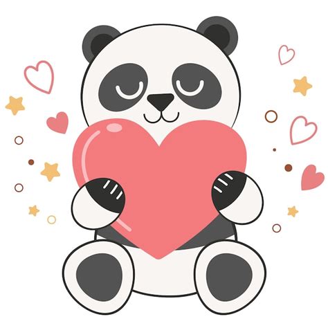 O personagem de urso panda fofo abraçando o coração em um fundo branco Vetor Premium