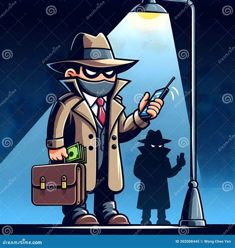 Cartoon Shady Deal Masked Villain Spy Agent Phone Call Cash Briefcase