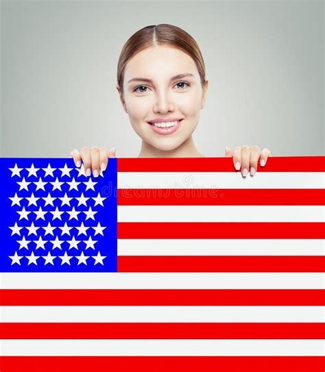 Portrait Of Happy American Girl With Usa Flag Background Stock Image