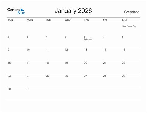 Printable January 2028 Monthly Calendar With Holidays For Greenland
