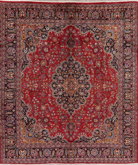 Vintage Floral Red Mashad Persian Wool Area Rug 10x11