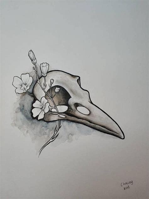 Bird Skull Original Piece Of Art Drawing Bird Skull With Flowers