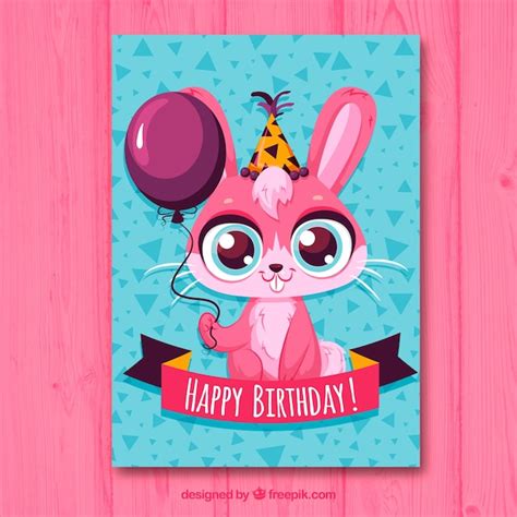 Birthday Card With Cute Bunny In Hand Drawn Style Free Vector