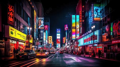Tokyo City Street With Neon Lights And Cars Lights With Neon Signs At Night Background Broadway