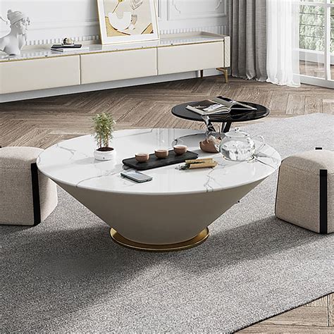 394 Modern White Round Coffee Table With Marble Top And Leather Upholstery