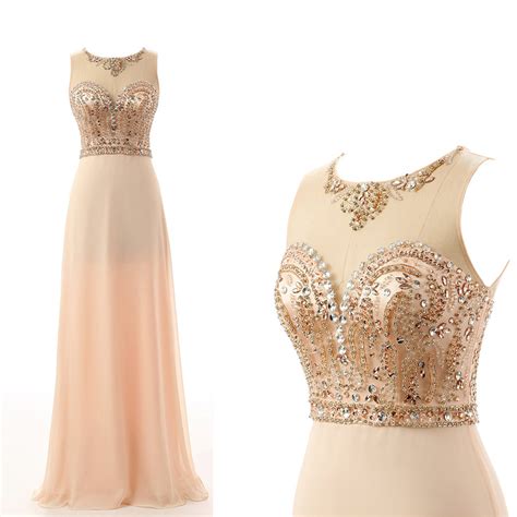 Champagne Floor Length Beaded Chiffon Dress With Illusion Scoop