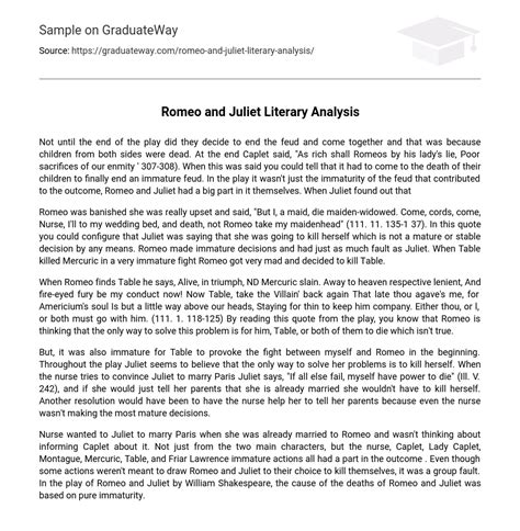 ⇉romeo And Juliet Literary Analysis Essay Example Graduateway