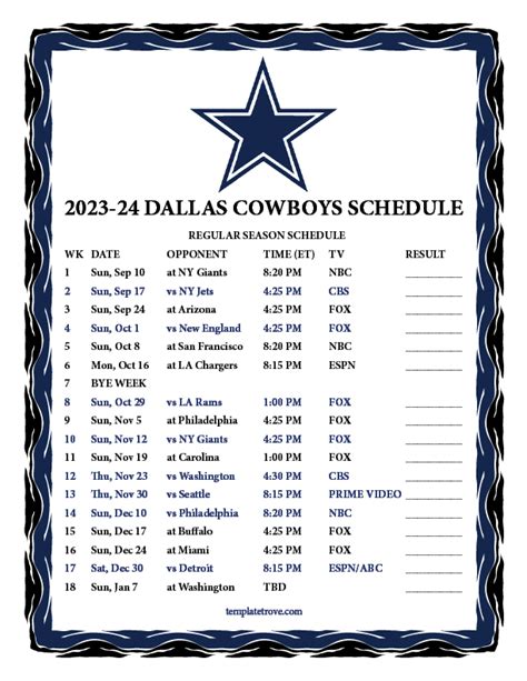 Dallas Cowboys 2024 Schedule Printable Inga Regina