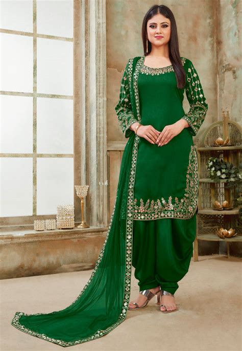 Embroidered Art Silk Punjabi Suit In Dark Green Kch3733