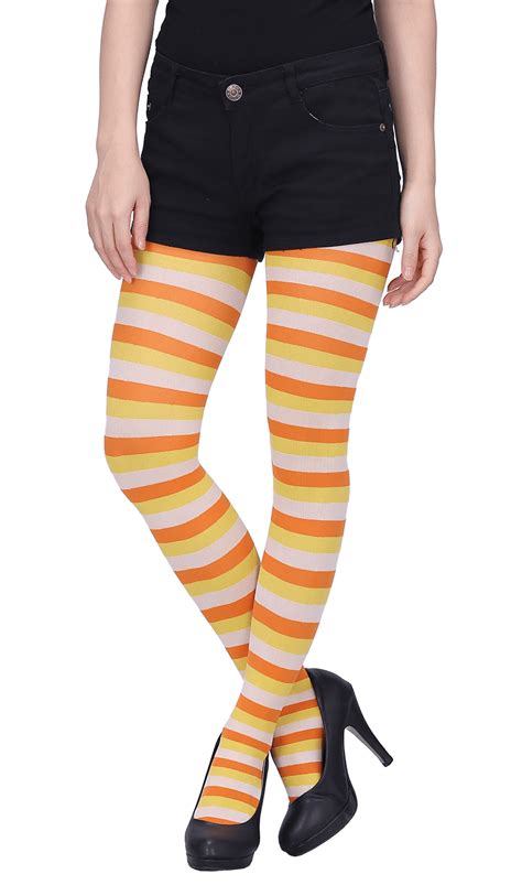 hde women s striped tights full length sheer microfiber nylon footed stockings yellow and white
